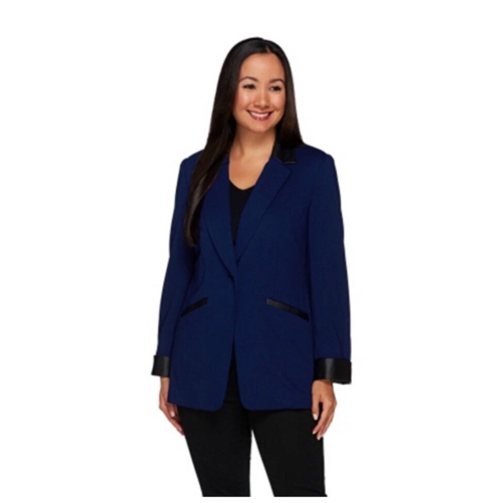 NWOT Susan Graver Ponte Knit Blazer 10 Navy Faux Leather Trim Stretch Office